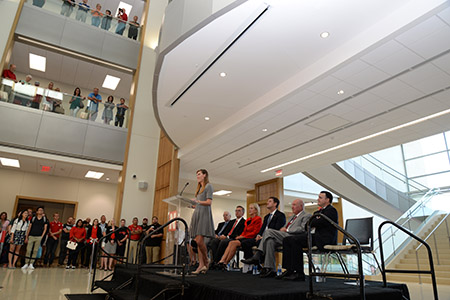 Angelica Carlini spoke on behalf of students at the Howard L. Hawks Hall ribbon cutting ceremony last June.