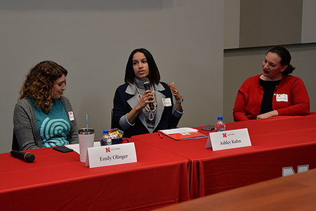 Emily Olinger of Spreetail, Ashley Kuhn of White Lotus Group and Danielle Conrad of ACLU of Nebraska talk about future expectations in the workplace in the conference’s closing panel discussion.