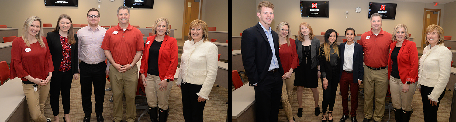 Dean Kathy Farrell poses with members of the top two Target Case Competition teams. 