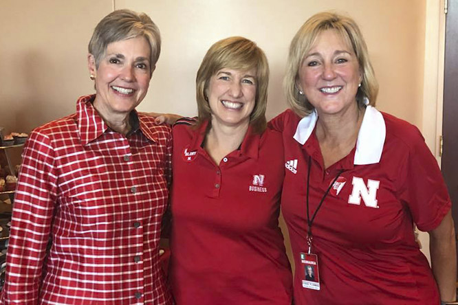 Cynthia Milligan, Dean Kathy Farrell and Donde Plowman, then executive vice chancellor at Nebraska, attended the Chancellor's Tailgate prior to the 2018 football season opening game against Akron. Due to weather, the game was cancelled.