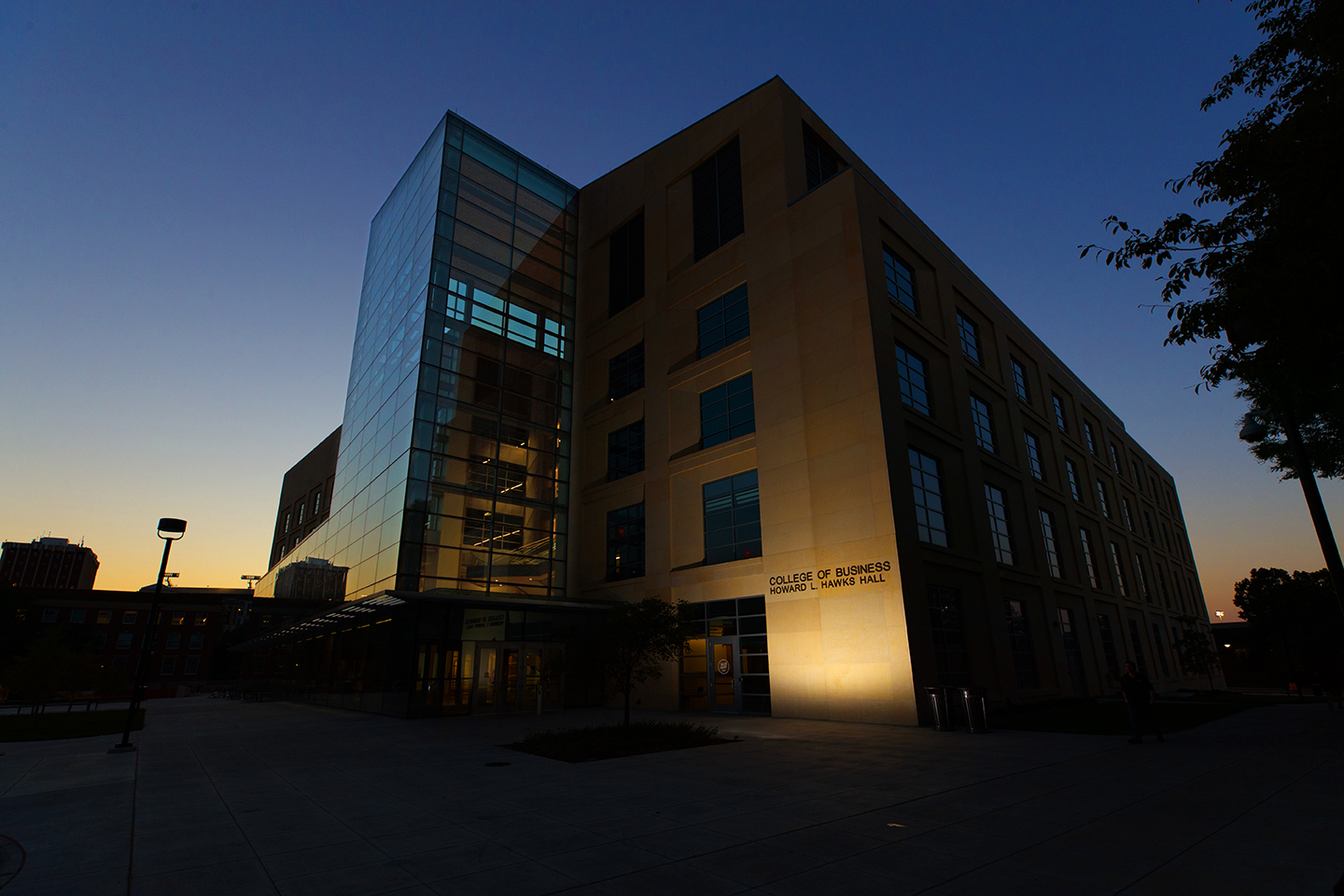 The College of Business building at dusk