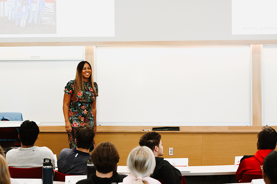 a guest speaker interacting with a classroom of students/