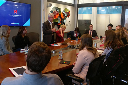 Students connect with professionals like Phil Johnson ’77, COO of Colle McVoy, during the Minneapolis trip.