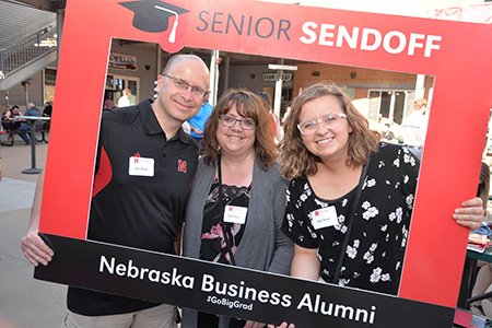 Management major Jasie Beam from Gering, Nebraska, attends Senior Sendoff with her parents Dan and Jadie Beam.