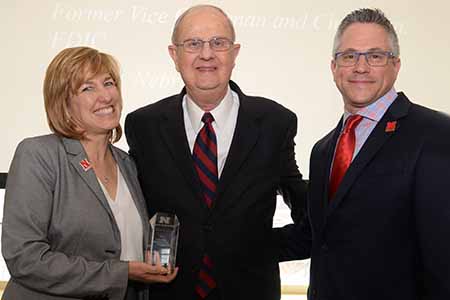 Dean Kathy Farrell, Andrew C. “Skip” Hove Jr. winner of the Lifetime Achievement Award and Jeff Noerdhoek, CEO of Nelnet and chairman of the Dean’s Advisory Board.