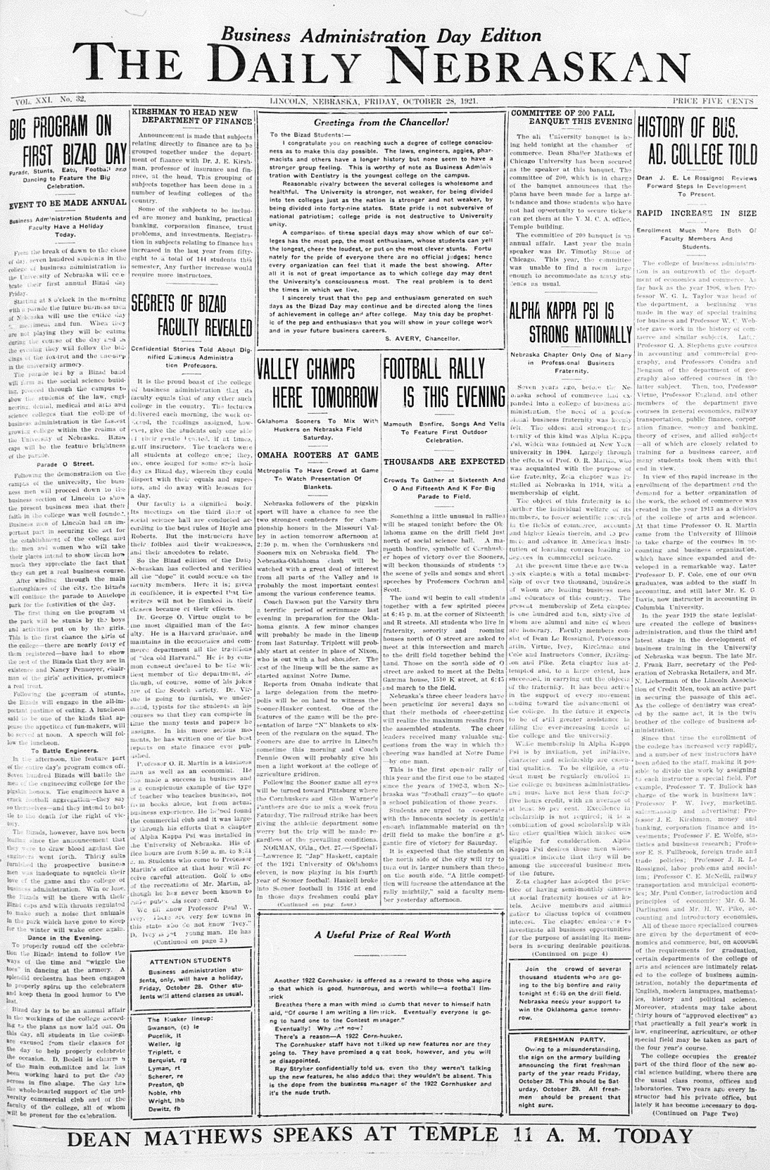 The front page of the October 28, 1921, issue of the Daily Nebraskan featured stories about the College of Business for the inaugural BizAd Day held that day. The tradition of B-Week stems from this celebratory day coordinated by students to build community within the college.
