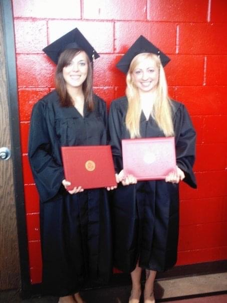 Jeannie North and her college roommate, Rachel Golberg, at graduation with their diplomas.