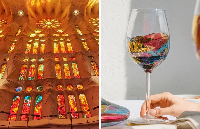 Cornet Barcelona's glass blowers handcraft every piece of glassware with an iconic stained glass look inspired by La Sagrada Familia Basilica..