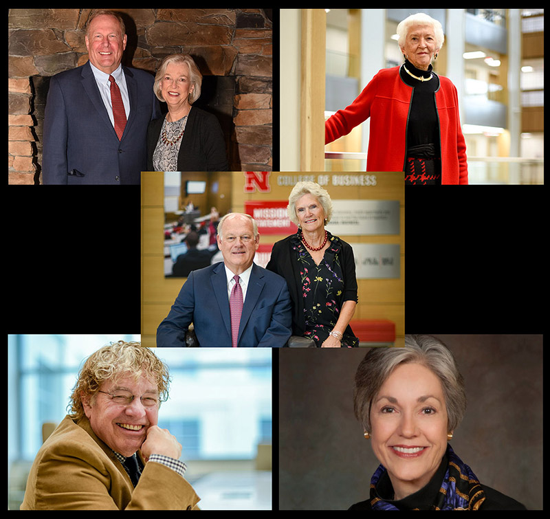 Jim and Georgia Thompson (center), Steve and Jennifer David (clockwise upper left), Alice Dittman, Cynthia Hardin-Milligan and Van Horne helped elevate the College of Business with gifts to endow key faculty positions at the college.