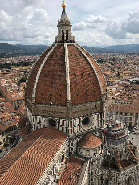 The view of the Duomo on top of the Florence Cathedral from the roof of the bell.