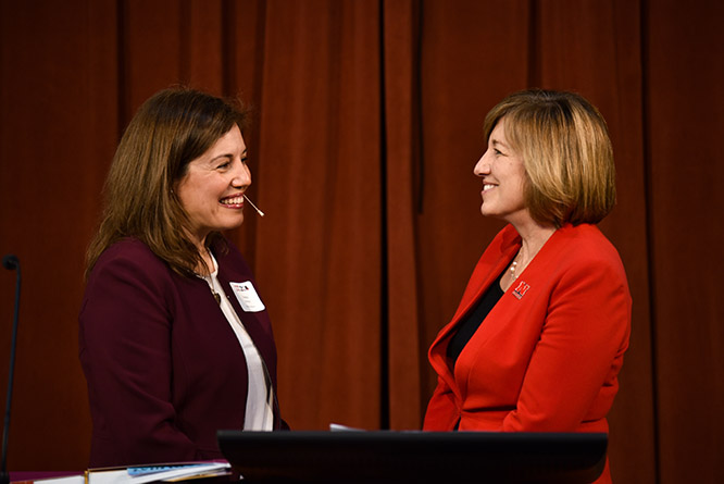 Dean Kathy Farrell speaks with Susana Eschelman, CEO of Children International, prior to introducing her at the Women Lead 2020 event in March.