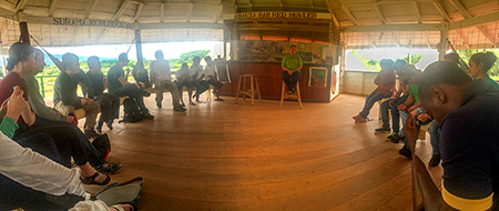 Nebraska students gather with University of Guyana students, professors, and staff of the Surama Ecolodge to discuss management systems