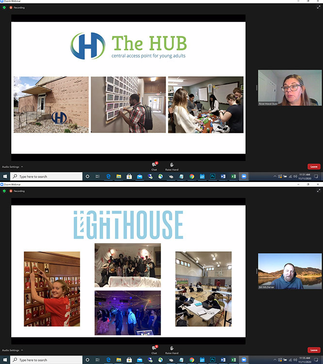 Rose Hood-Buss, executive director of The Hub, and Bill Michener, executive director of Lighthouse, accepted their $5,000 grant from Strive to Thrive Lincoln on a virtual ceremony facilitated by business students. 
