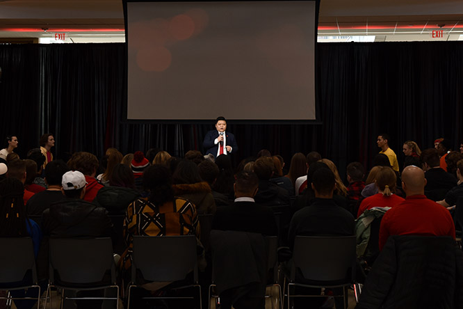 With more than 150 people in attendance, Nguyen shares his personal story at Howard L. Hawks Hall. 