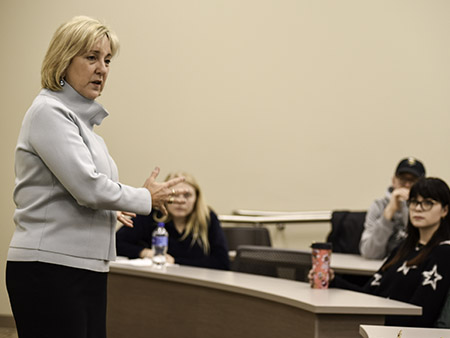 Dr. Donde Plowman, executive vice chancellor and chief academic officer, spoke to the students about leadership.