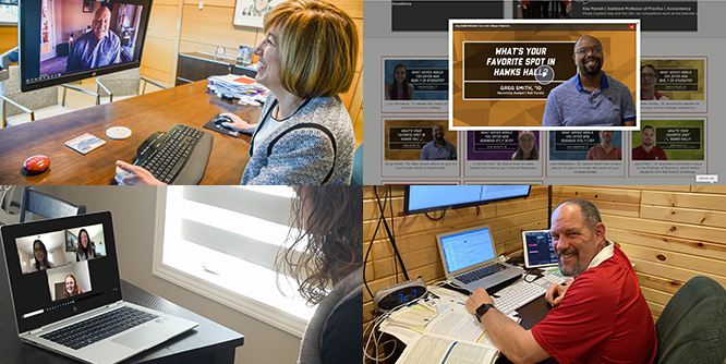 Dr. Kathy Farrell Zooms with Kevin Wesley, Greg Smith ’10 shares a video for new students., Dr. Aaron Crabtree works at his home office and Dr. Kasey Linde provides remote tutoring as the college retooled for a strange new world in 2020.
