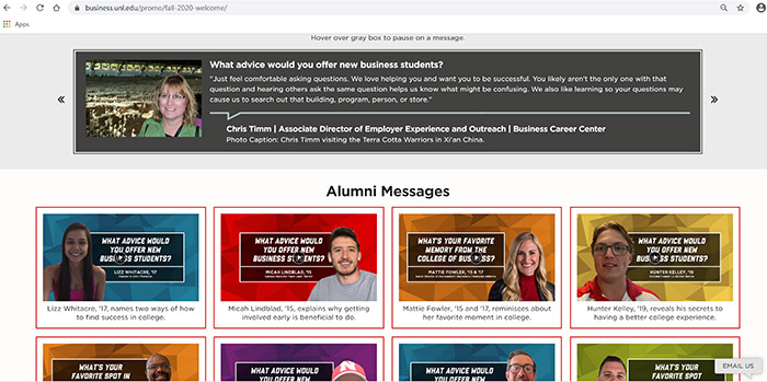 A new webpage with messages from alumni, faculty, staff and students, welcomes incoming students to college with videos, text and other resources put together to create community at the College of Business.