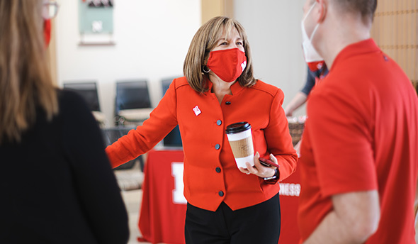 Dean Kathy Farrell engages with members of the Nebraska Business community during Glow Big Red: 24-Hours of Husker Giving, held Feb. 16-17.