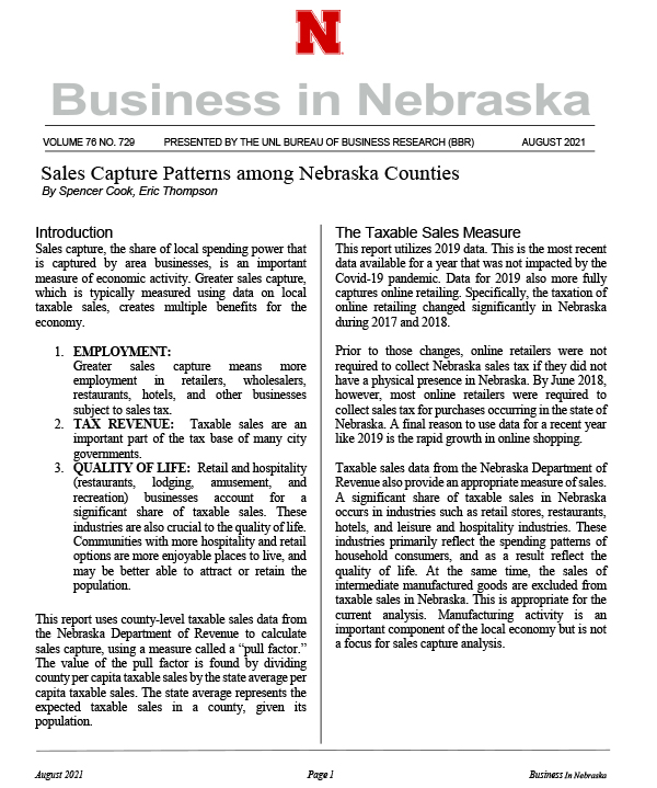 Nebraska Sales Capture Patterns among Nebraska Counties, August 2021