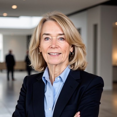 Connie Rath; woman in a modern office setting, wearing a navy blazer and light blue shirt.