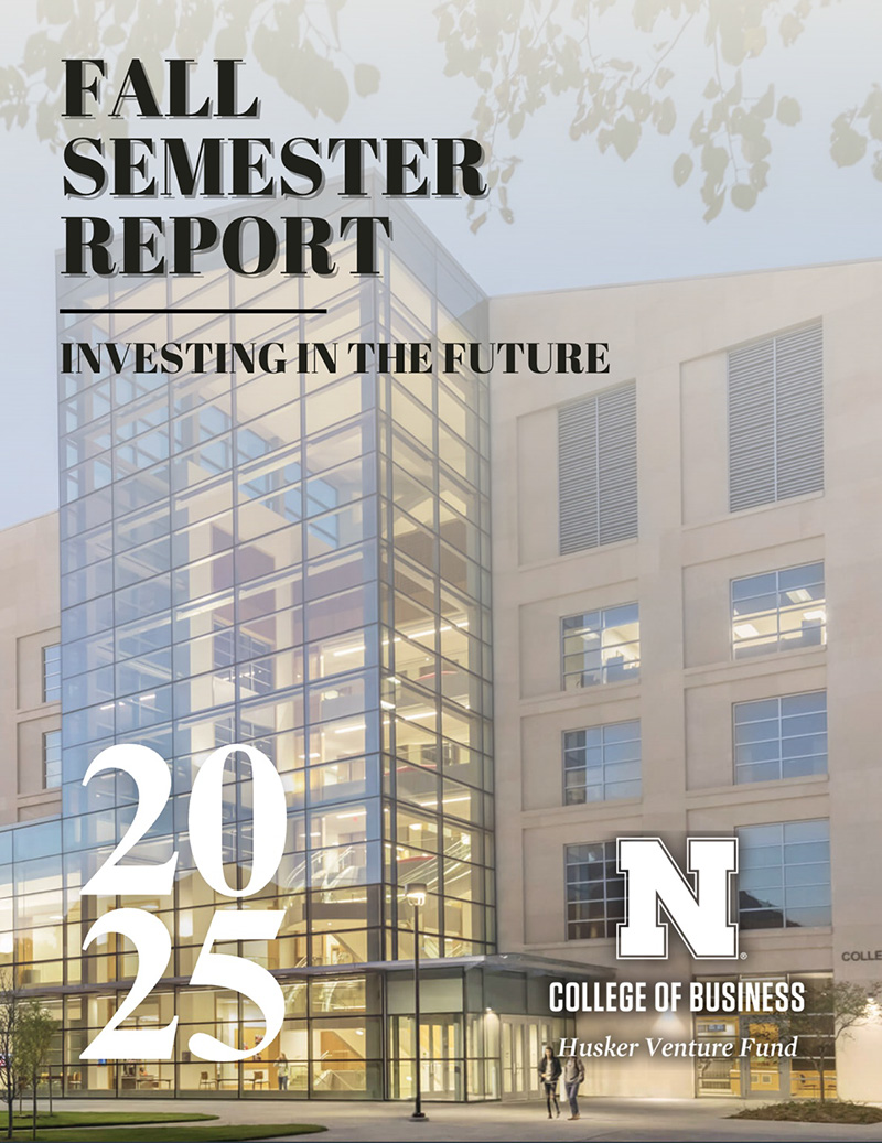 Fall Semester Report cover with a modern glass building and College of Business logo, labeled 2025.