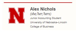 Red "N" logo with text about Alex Nichols, a junior accounting student at the University of Nebraska–Lincoln.