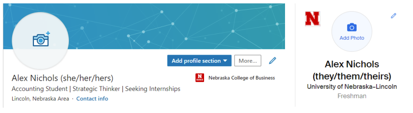 Profile interface with text, icons, and Nebraska College of Business logo; two name sections visible.