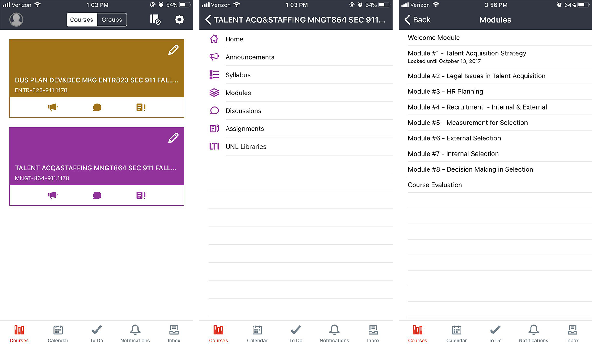 App interface showing a course list and module contents for academic topics.