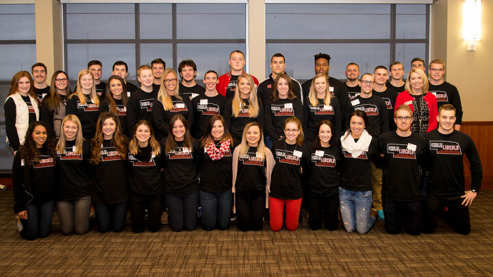 Members of the fall 2016 Leading People and Project Management class include (back row, from left) Ross Johnson, Matt Ostidek, Tom Meier, Justin Falck, Bryce Miller, Christian Hodson, Josh Banderas, Kevin Maurice, Adam Greitens, Tyler Zellers, Nikita Pankins, Luke McNitt and Adam Froendt; (middle row, from left) McKenzie Balfany, Morgan Anderson, Rachel Sutcliffe, Maddie McConkey, Ryan Evers, Jessica Reiser, Brian Edwards, Cami Kopetka, Jessica Sher, Paxton Barta, Alex Gass and lecturer Amber Messersmith;…