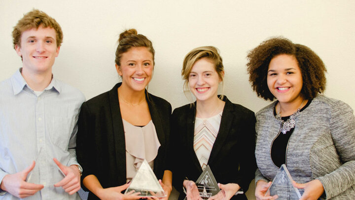 University of Nebraska-Lincoln College of Business Administration seniors Megan Nelson (second from left) and Hannah Paxton (third from left) and University of Nebraska at Omaha students Joe Franco (left) and Elizabeth Stevens (right) took first place in the Yahoo Advertising Knock-Out Challenge Nov. 17-18 at UNO.