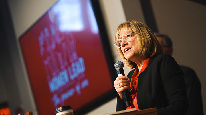 Kathy Farrell speaking at the Women Lead Conference