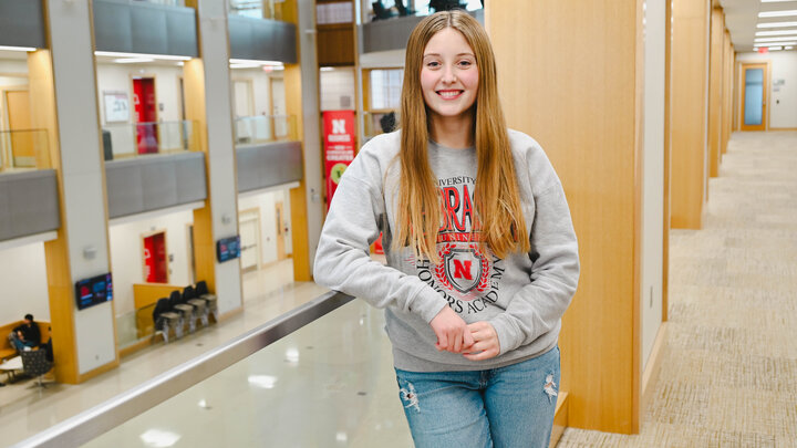 Maci Dorshorst on third floor of Hawks Hall