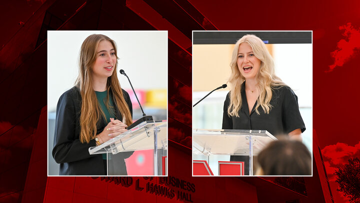 Seniors Gianna Zitella and Madeline Splichal at the podium talking about their scholarships.