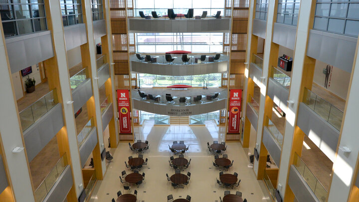 looking down onto the atrium inside hawks hall.