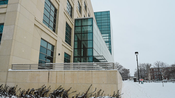 External view of Hawks Hall on a snowy day