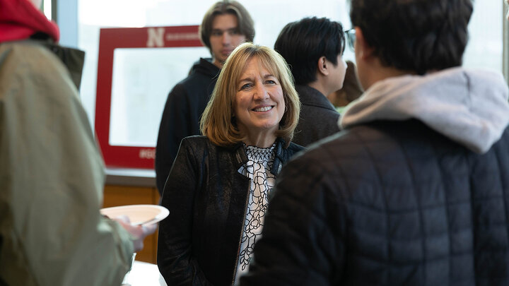Dean Farrell talking to students