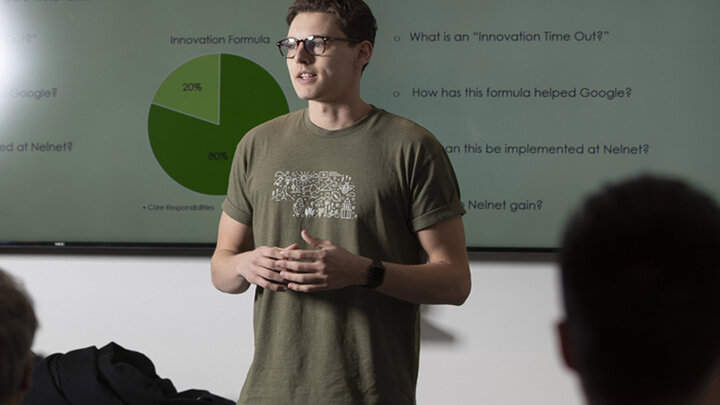 Connor Castleman helped lead strengths training at Nelnet as part of his job at the company.