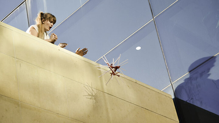 Elise Raymond watches as her team's winning egg device plummets towards the ground.