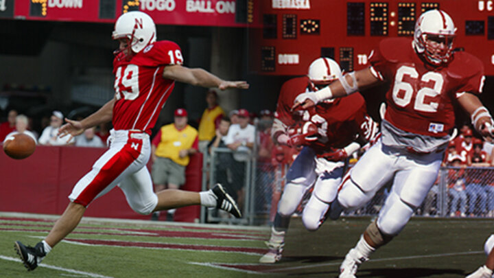 Nebraska Business alumni, Kyle Larson (left) and Bob Sledge, enter the Nebraska Football Hall of Fame in 2018.