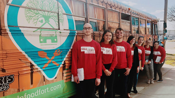 Audra Cooksley (second from left) with Food Fort site visit team members, Joey Jeanetta, Luke Wilcynski, Jena Palmer, Olivia Nesja, Madison Dangerfield and Gabby Rodriguez