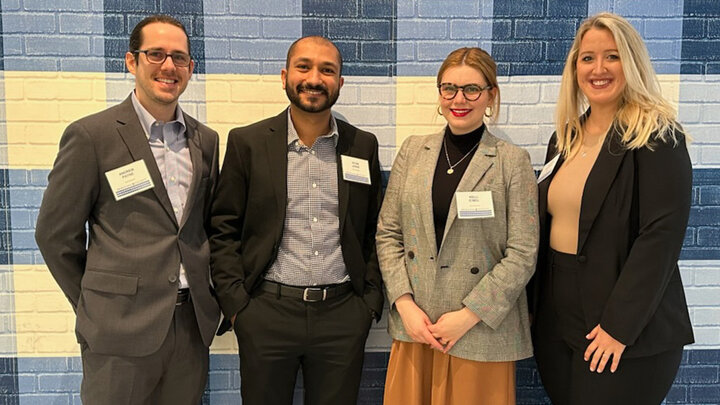  Andrew Payne of Inver Grove Heights, Minnesota; Vyom Joshi of Hillsboro, Oregon; Kelli O’Neil of Omaha, Nebraska; and Tiffany Huffmann of Fort Myers, Florida; worked together to present actionable business solutions for Bath & Body Works while competing as finalists in the Big Ten MBA Case Competition at The Ohio University in March. Joshi (second from left) captured the title of best presenter overall.