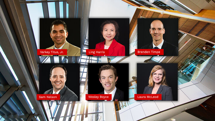 Collage of six professional portraits against a modern building interior background.