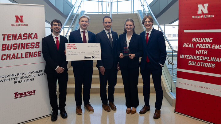 University of Nebraska–Lincoln students Sam Mullin, Max Sievenpiper, Katelyn Ganske and Jack Maloney won the third annual Tenaska Business Challenge held at the College of Business. 