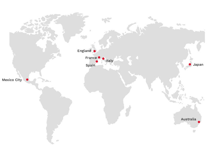 World map with dots on the Business Abroad 2026 locations