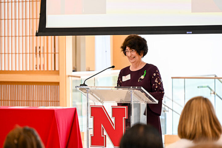 Speaker at a podium with a large red "N" logo, indoors with audience visible.