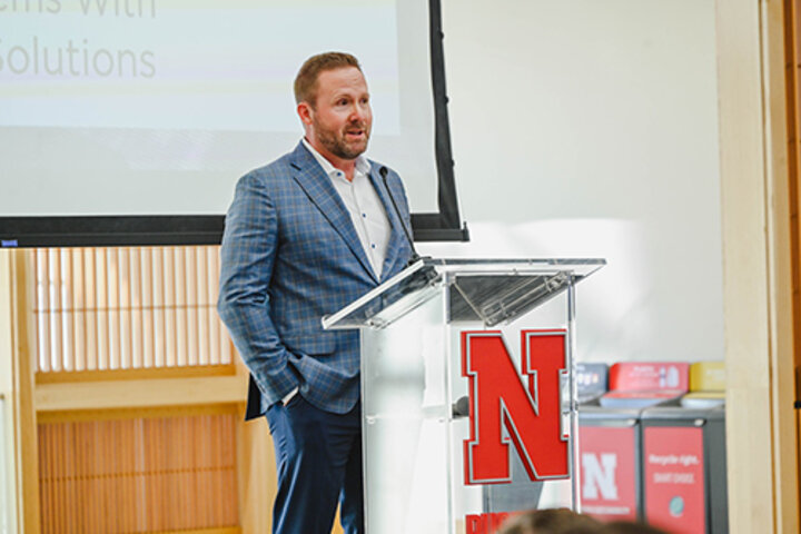 Chris Leitner presenting in Hawks Hall