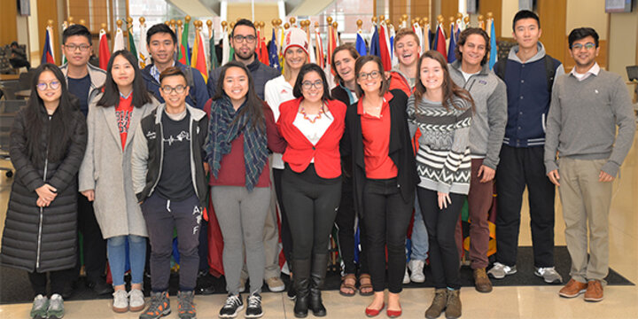 Students and staff may take photos with the flags in Howard L. Hawks Hall.