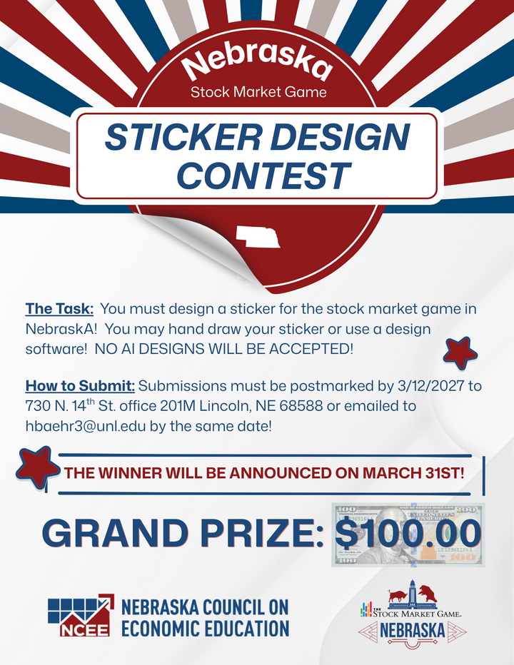 Nebraska Stock Market Game sticker design contest flyer with red, white, and blue accents.