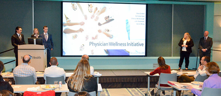 Aaron Wong, Oana Costea, Nicholas Hunt, Chelsea McDonough and John Szalewski presented their plan for physician wellness.