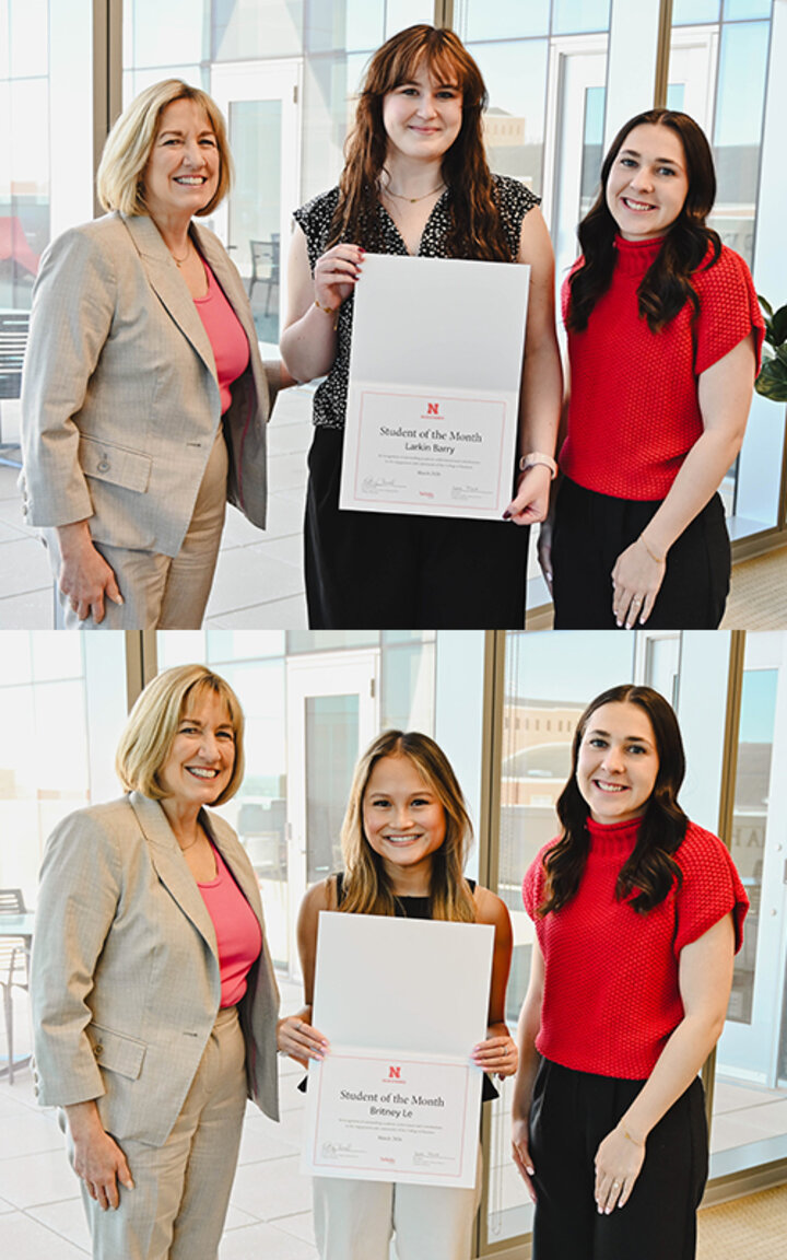 Three women pose indoors, one holding a "Student of the Month" certificate in both images.